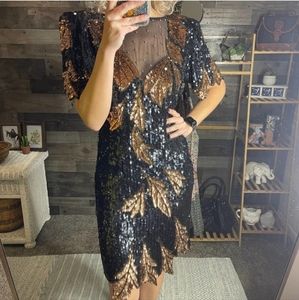 Vintage Lillie Rubin Black Copper Sequin Mesh Evening Dress